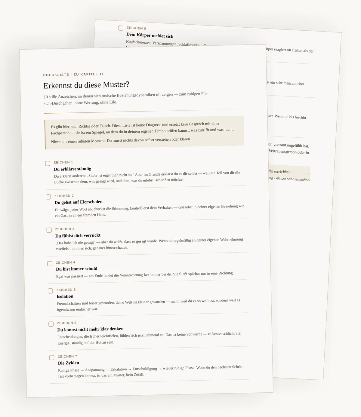Zwei Seiten der Checkliste: Zeichen 1 bis 7 mit kurzen Beschreibungen, im ruhigen Creme-Design.